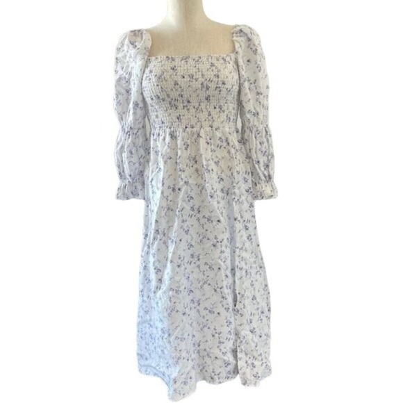 Reformation Dresses & Skirts - Reformation Midi Dress Smocked Puff Sleeves White Linen Floral Long Slit Medium